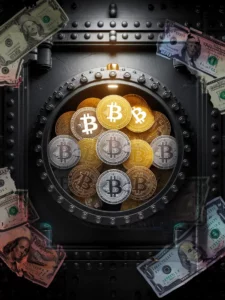 Image showing a vault with Bitcoin inside, symbolizing protection from currency devaluation